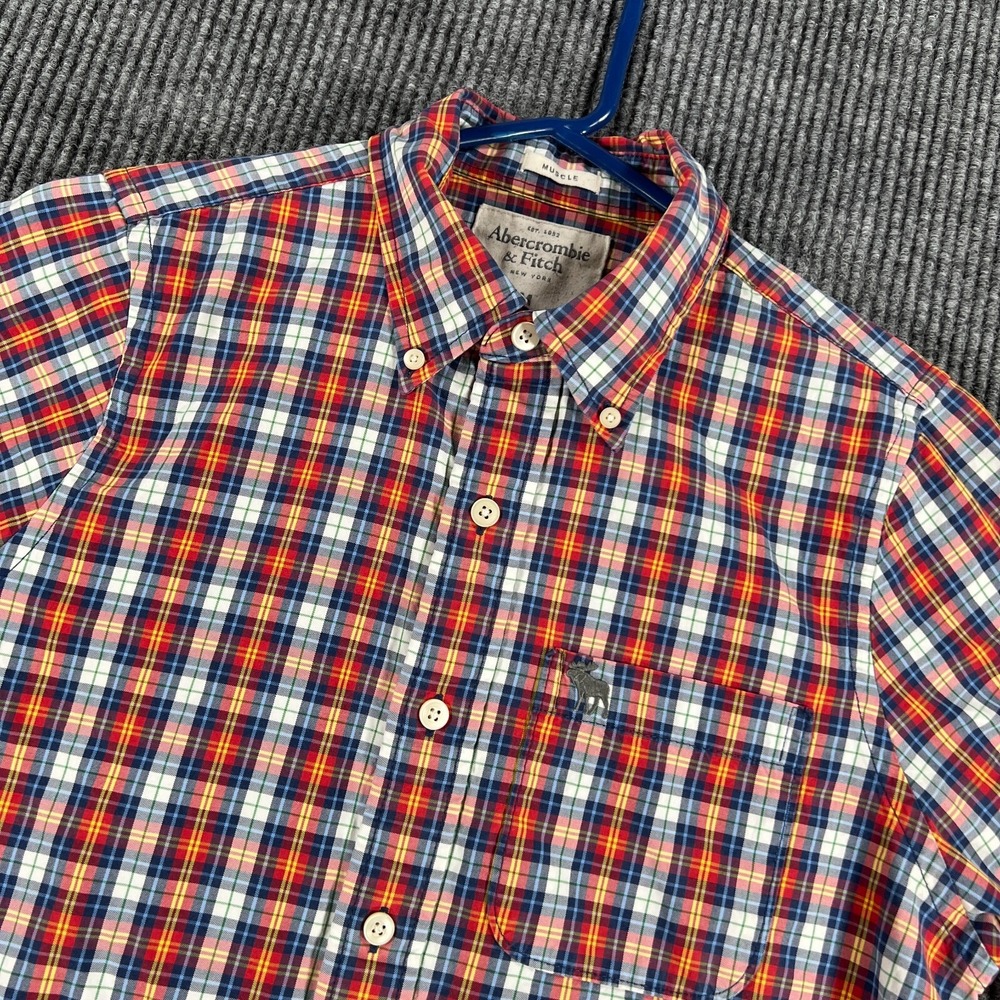 Abercrombie & Fitch Muscle Shirt Mens Medium Red Plaid Long Sleeve Button Down